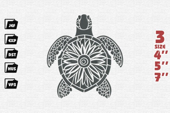 Ornate Mandala Sea Turtle Embroidery Design in Charcoal