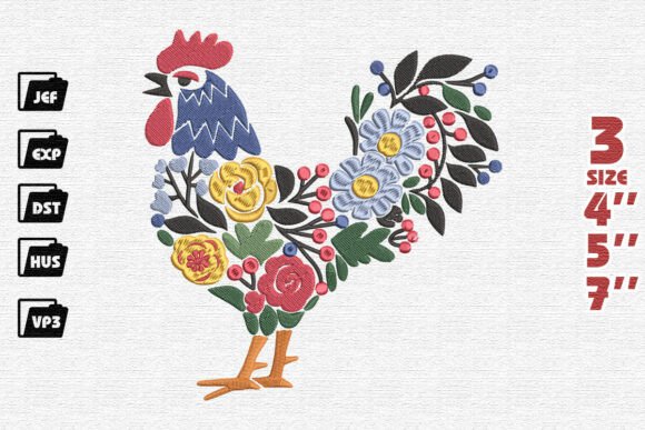 Whimsical Folk Art Rooster Embroidery Design